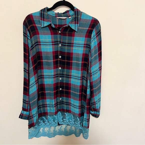 Soft Surroundings M Adeline Button Down Plaid Turquoise Lace Hem Tunic - Picture 2 of 8